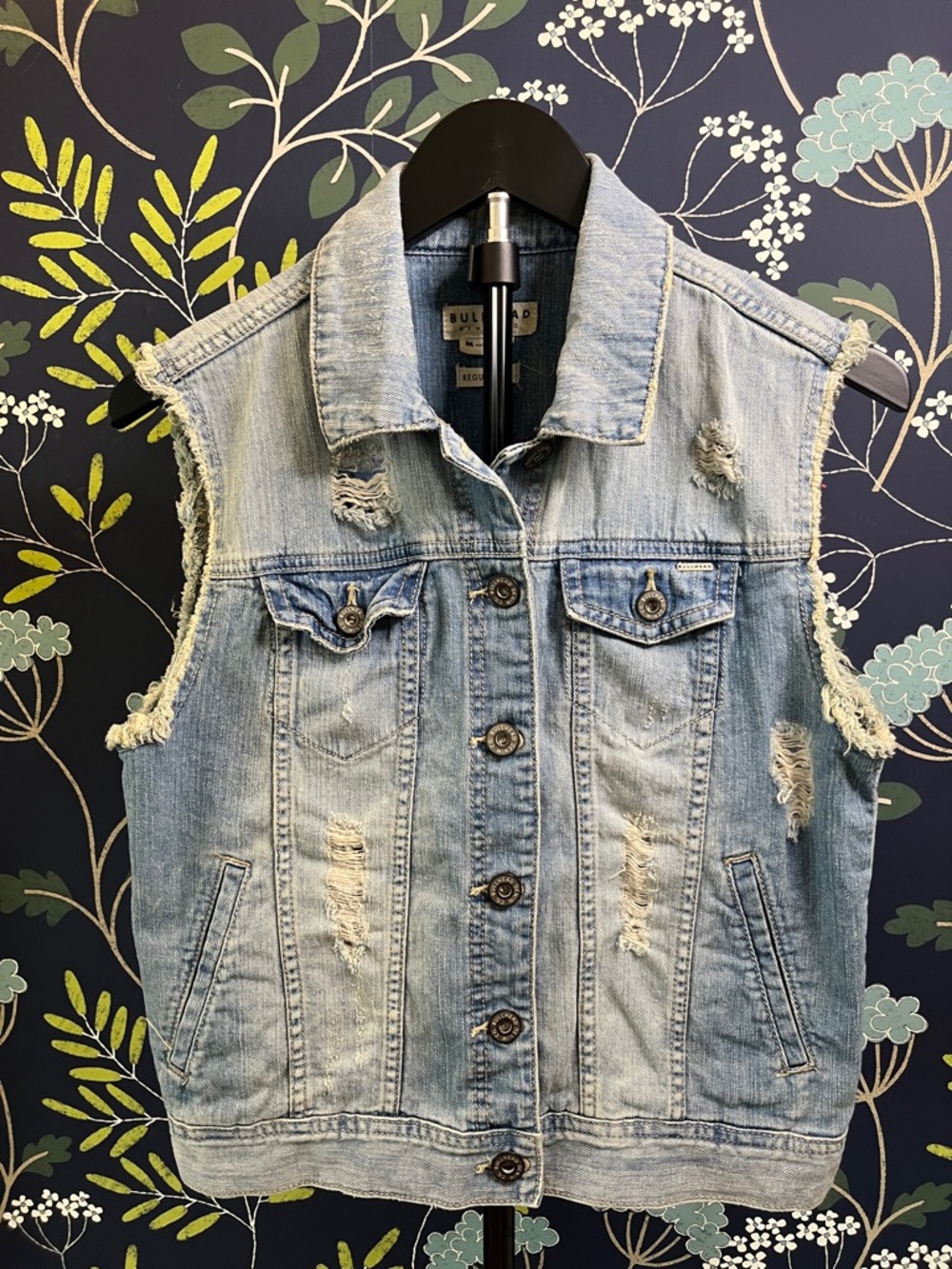 Bullhead Denim Co Distressed Denim Vest Bandana Back Patch Size M Trucker